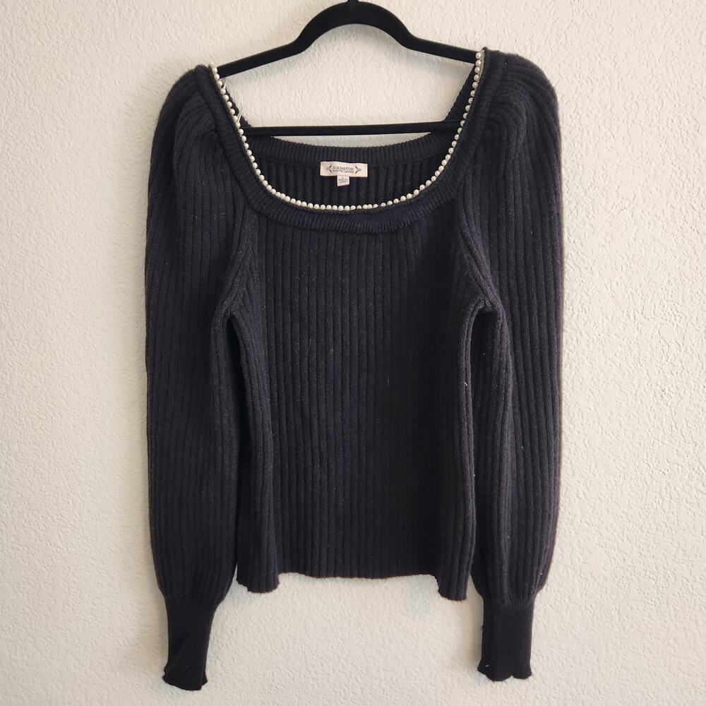 Nanette Lapore Women's Size Large Square Pearl Neck Puff Long Sleeve Sweater New